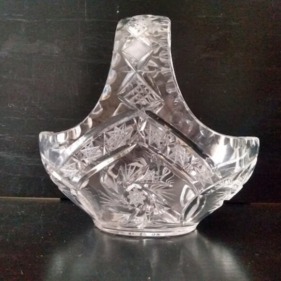 Vintage Clear Lead Crystal Glass Starburst Pinwheel Cut Basket With Handle 6" - Picture 2 of 12